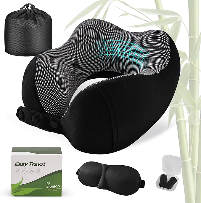 Neck Pillow for Traveling, Travel Pillows for Airplanes,100% Pure Memory Foam Travel Neck Pillow, Adjustable Flight Pillow, Portable Plane Accessories with Eye Mask, Earplugs, Carry Bag