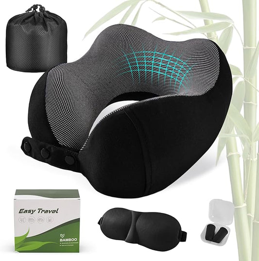 Neck Pillow for Traveling, Travel Pillows for Airplanes,100% Pure Memory Foam Travel Neck Pillow, Adjustable Flight Pillow, Portable Plane Accessories with Eye Mask, Earplugs, Carry Bag