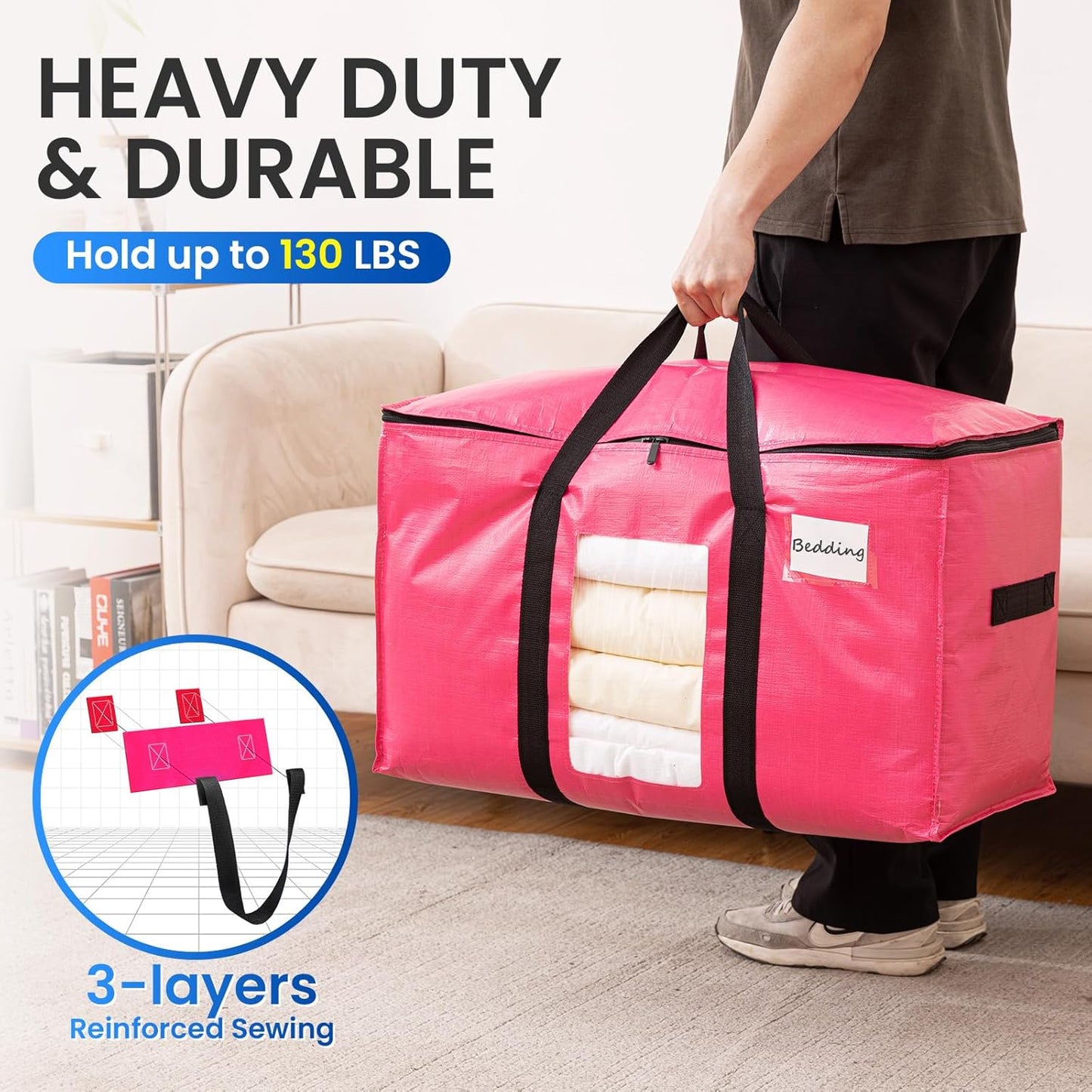 TAILI 2 Pack Pink Extra Large Moving Bags, Heavy Duty Totes with Visible Window, Wrap Around Handles, Space-Saving Storage, Alternative to Moving Boxes