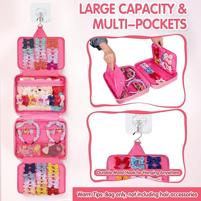 Hair Accessories Organizer, Dust-proof Bow Holder for Baby Girls, Travel Hair Storage Bag for Hair Clips, Headbands, Scrunchies and Hair Ties(Pink)