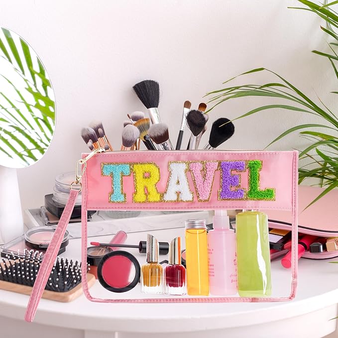 Chenille Letter Bag, Multi-purpose Nylon Clear Makeup Cosmetic Bags Flat Pouches with Zipper for Travel, Gym, Beach (Pink-Travel)