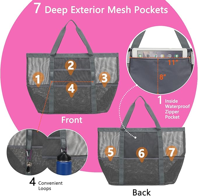 Mesh Beach Bag, Large Beach Tote with Zipper Pocket, Toys Pool Bag for Family Travel Vacation Cruise Essentials