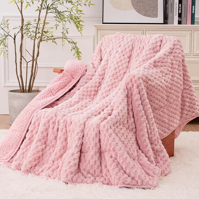 Super Fuzzy Soft Fleece Sherpa Weighted Blanket 15 lbs for Adults, 3D Imitation Turtle Shell Luxury Weighted Throw for Better Sleep, Dual Sided Cozy Heavy Blankets for Couch Bed, Pink, 60" x 80"