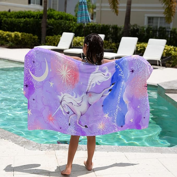 Kids Beach Towel – Quick-Dry Microfiber Pool Towel, Thin, Sand-Free, Perfect for Camping, Travel, Summer Camp, Cruise Essentials – Unicorn, Purple, 30" x 60"