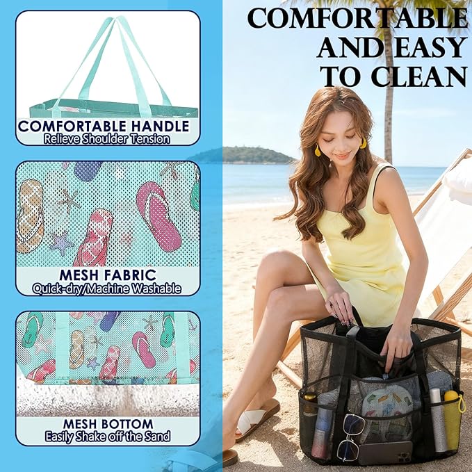 Mesh Beach Bag, Large Beach Tote with Zipper Pocket, Toys Pool Bag for Family Travel Vacation Cruise Essentials
