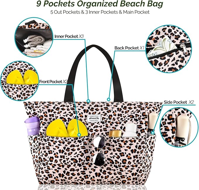 HOMESPON Large Waterproof Beach Bag for Women Sandproof Tote Bag Pool Bag with Zipper and Pockets for Travel Vacation Gym