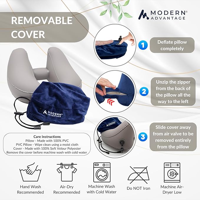 Modern Advantage Inflatable Travel Pillow for Airplanes with Comfort Hood, Adjustable Neck Support, Lightweight & Compact Flight Pillow for Sleeping on Long Flights & Travel (Blue)