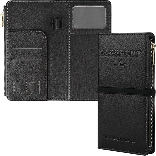 Travel Passport Wallet, RFID Blocking Passport Holder with Zipper, Passport Cover for Women Men, PU Leather Travel Document Organizer with Card Slots, Gift for Family Friends, Black