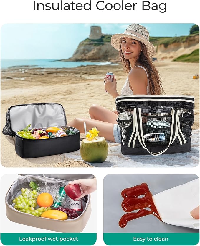 BAGSMART Beach Bag for Women, Mesh Tote Bags with Zipper, Sandproof Vacation Essentials with Cooler for Swim Cruise Pool