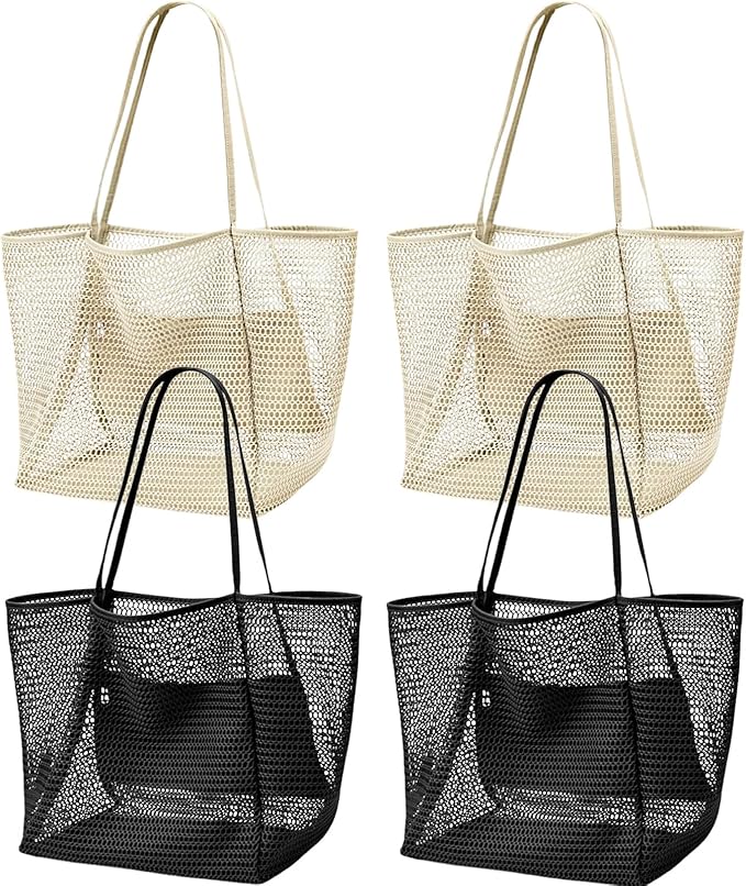 4pcs Beach Bags for Women,Nylon Mesh Summer Travel Tote Bag with Large Inner Zipper Pocket
