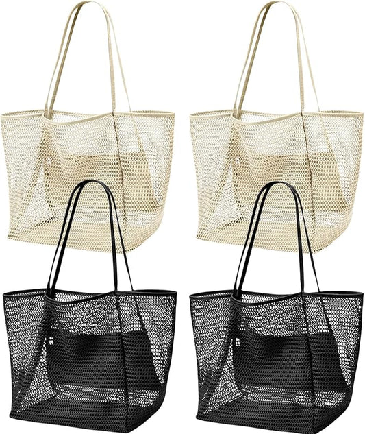 4pcs Beach Bags for Women,Nylon Mesh Summer Travel Tote Bag with Large Inner Zipper Pocket