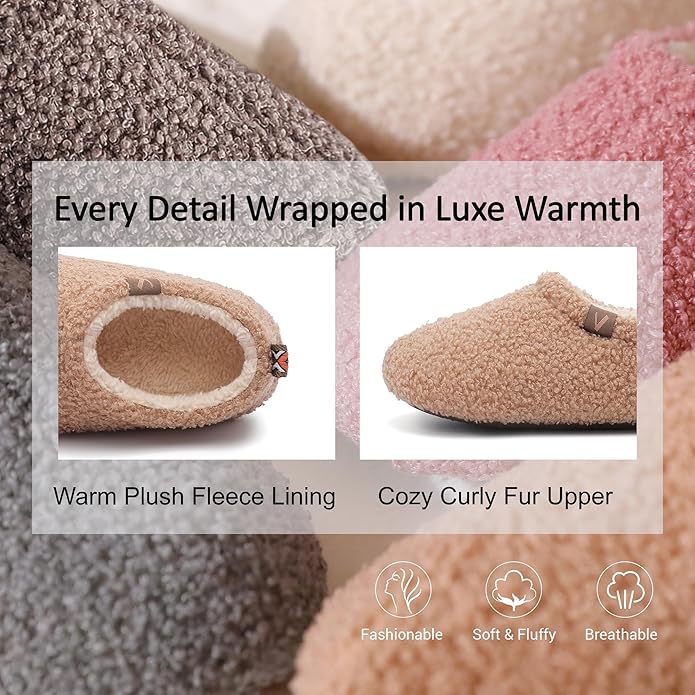 Women’s Fuzzy Memory Foam Slippers with Cozy Curly Fur and Warm Fleece Lining Closed Back Non-Slip House Shoes Lightweight Soft Comfy Indoor Bedroom Slippers