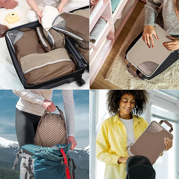 Oriday Set of 8 compression packing cubes for travel accessories- Expandable bags for clothing, toiletry, backpacks, organizing essentials (Beige)