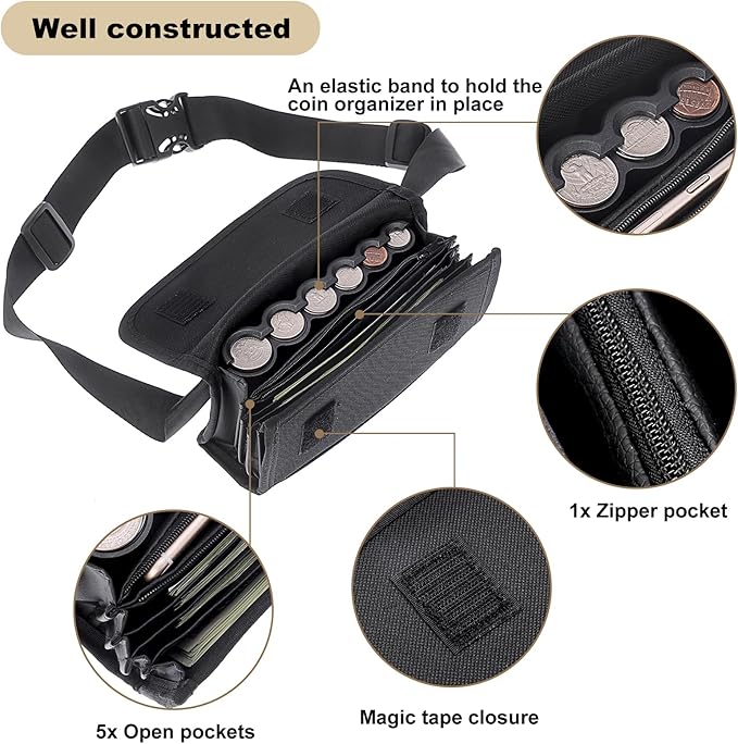 BSTKEY US Coin Holder Coin Dispenser, Fanny Pack with Banknote Waiters Purse Coin Sorter Coin Organizer, Black Coin Storage Bag with Belt for Waitress Server Collector Cashier Change