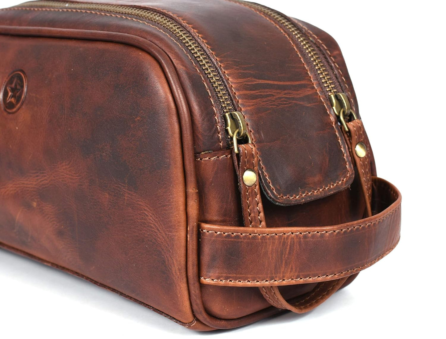 10" Premium Leather Toiletry Travel Pouch With Waterproof Lining | King-Size Handcrafted Vintage Dopp - Kit Gift for Father's Day By Aaron Leather Goods