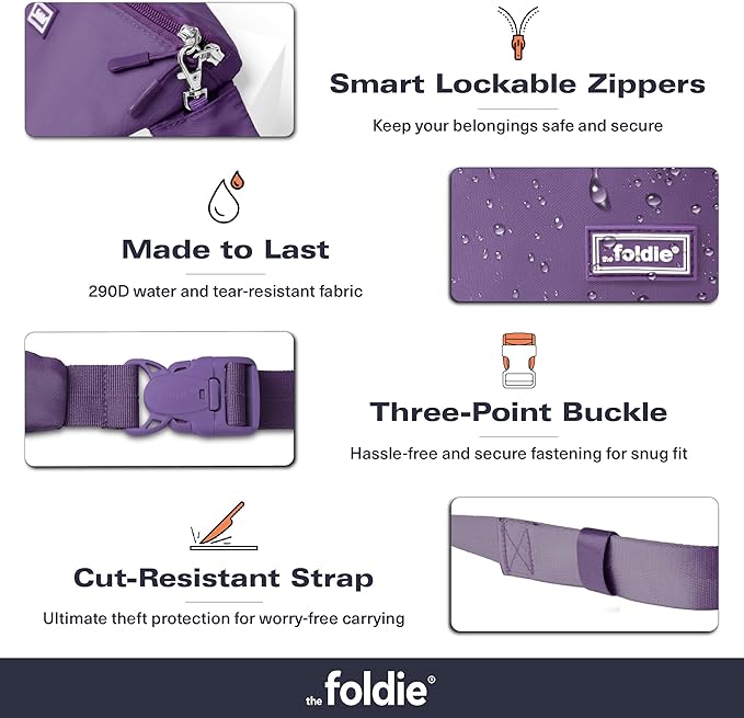 The Foldie Foldable Crossbody Bags for Women & Men - Anti-Theft RFID-Safe Fanny Pack with Smart Lockable Zippers and Cut-Resistant Strap - Lightweight Waist Pack for Travel & Everyday Use - Purple