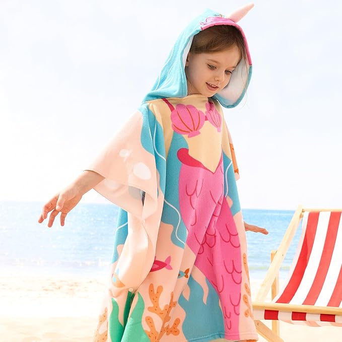 Joiedomi Kids Beach Towels with Hood for Girls Pink Mermaid Hooded Toddler Bath Towel Quick Dry Soft Microfiber 24"x24"