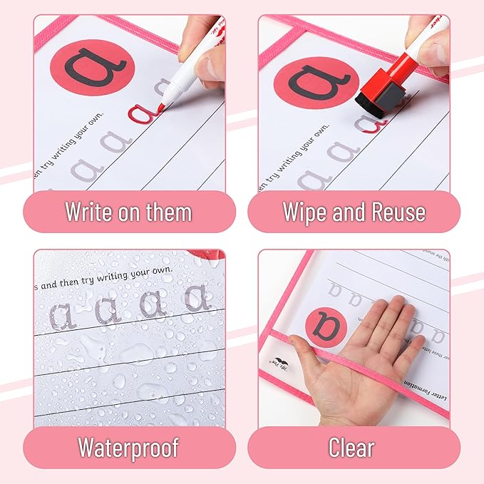 Mr. Pen- Dry Erase Pocket Sleeves, 6 Pack, 10"x14", Pink Shades Color Theme, Dry Erase Pockets Reusable Sleeves, Job Ticket Holders with Marker Holder & Metal Eyelet
