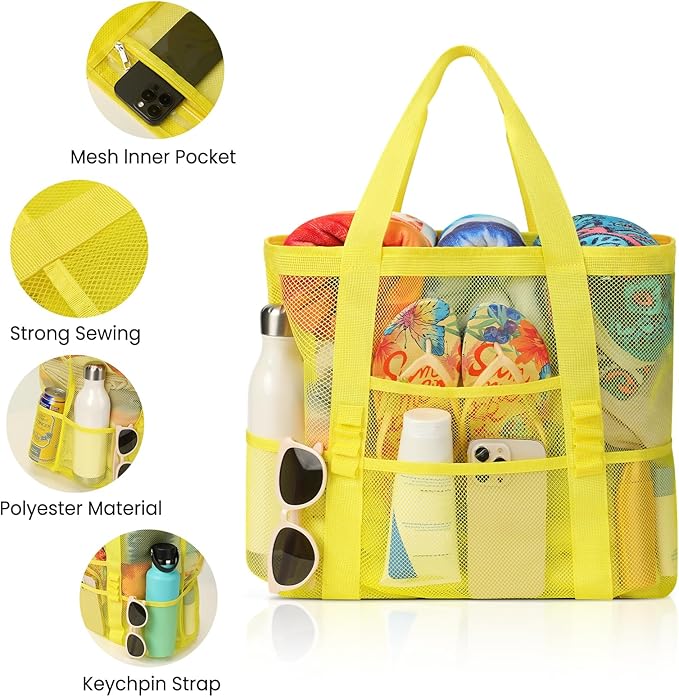 Beach Bag - Mesh Beach Bag Large 8 Pockets, Beach Tote Bag Beach Essentials for Vacation Must Haves