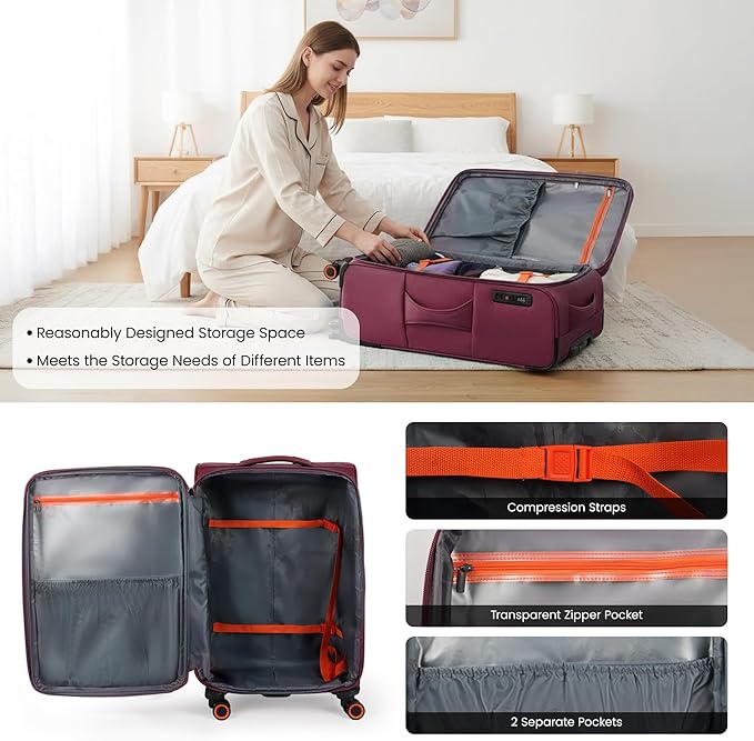 28 inch Luggage with Spinner Wheels,Large Softside Expandable 20% Checked Luggage w/TSA LOCK,Lightweight Durable Rolling Luggage for Men/Women（Burgundy,28in）