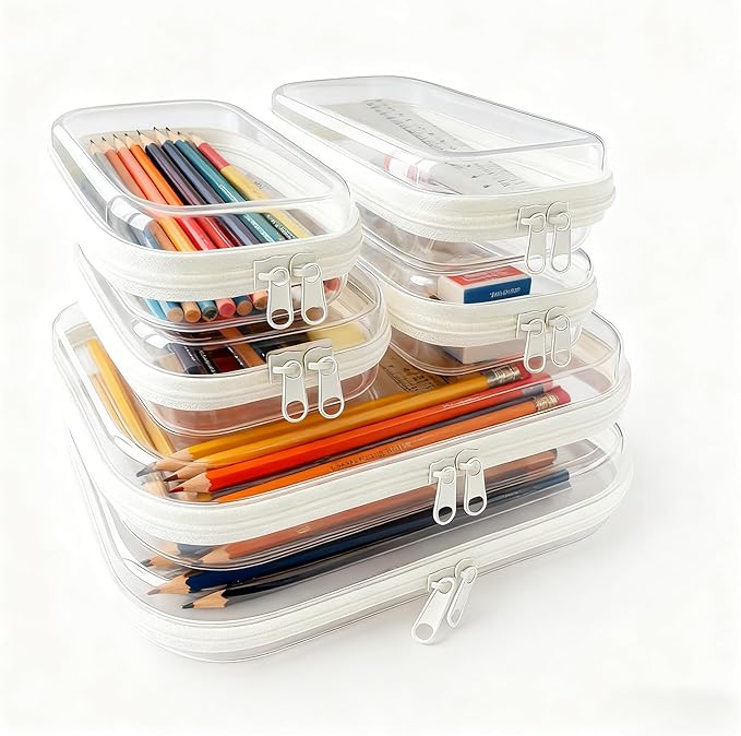 6Pcs/2M+4S Clear Hard Shell Zippered Travel Case – Plastic Organizer Pouch for Toiletries, Cosmetic Bag, Diaper Bag & Packing Accessories (White, Set C)