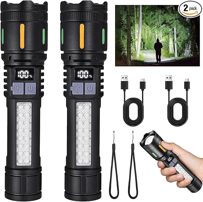 Rechargeable LED Flashlights High Lumens - 3000LM Super Bright Tactical Flashlight with Cob Sidelight, 5 Light Modes, IPX6 Waterproof, Powerful Flash Light for Camping Home Emergencies（2 Pack）