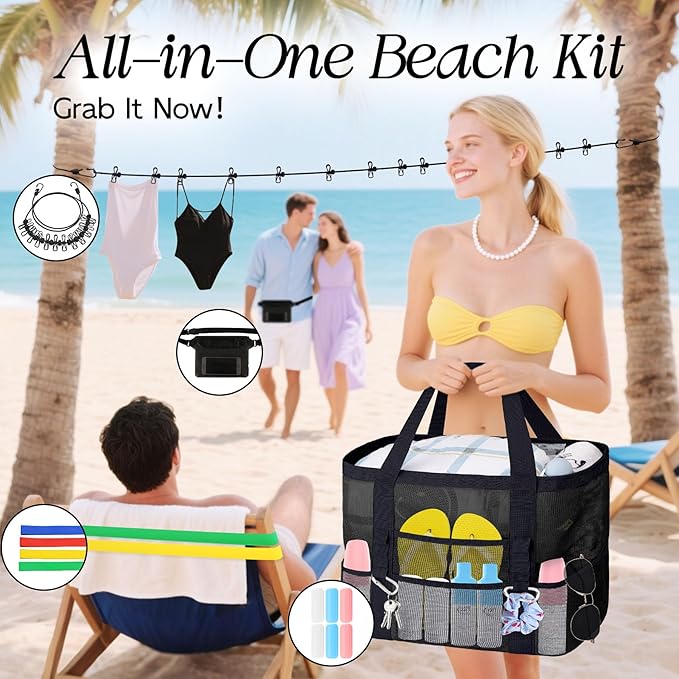 XX-Large Mesh Beach Bag Tote - 9 Pockets for Family Travel/Vacation & Beach Essentials, Foldable & Lightwiht