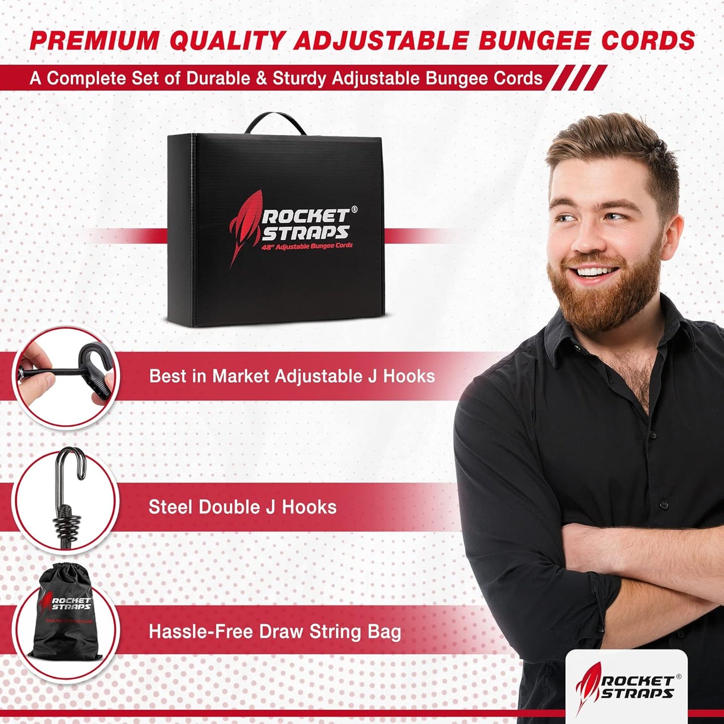 Rocket Straps - Ultimate Adjustable Outdoor Bungee Cord Assortment - Heavy Duty Set of 20 Bungee Cords (36") Double-J Hooks - Elastic Straps for Camping, Securing, and DIY Multipurpose