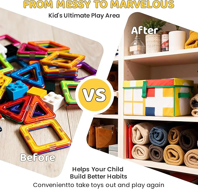 Magnetic Tiles Storage Bin & Interactive Playmat - Foldable Toy Organizer for Magnetic Tile, Portable Storage with Handles,12.6x11.4x7.7in Play Space for Home, Travel, Classroom