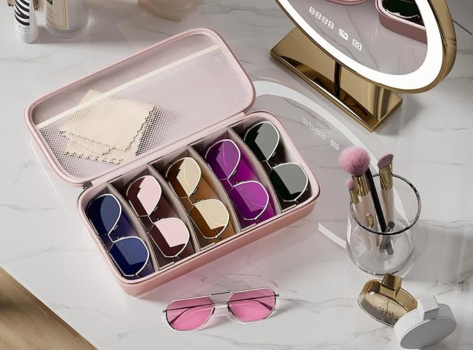 Travel Sunglasses Organizer, Hard Shell Sunglass Case Adjustable Slots for Multiple Sunglass Eyeglass Case