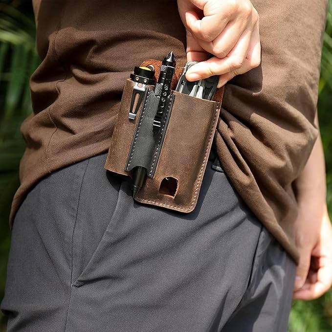 Leather Multitool Sheath with Belt Clip - Multitool Holster for Belt - EDC Belt Organizer Fits, Flashlight, Pen - Leather Pouch - Holder