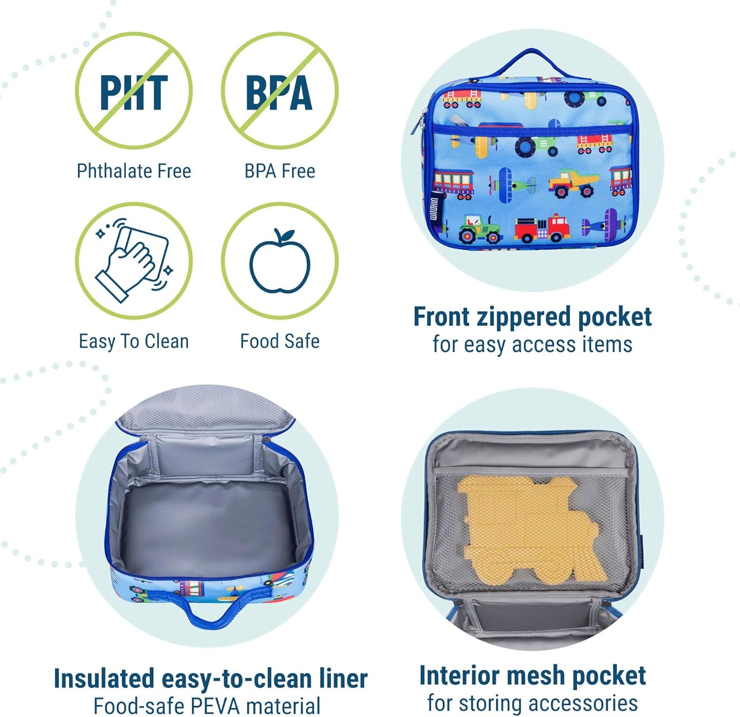 Wildkin Kids Insulated Lunch Box – Durable and Reusable for School & Travel - Trains, Planes, and Trucks