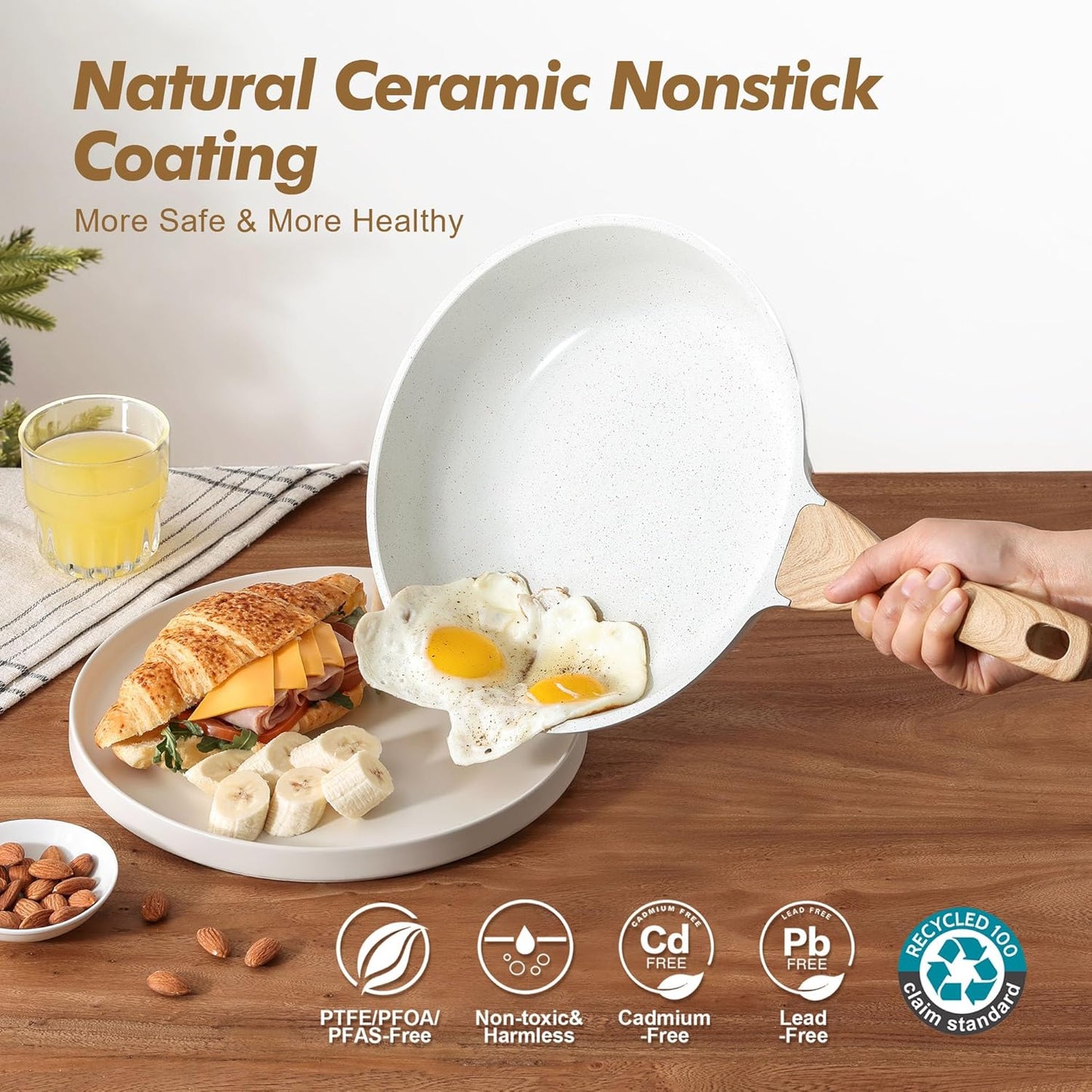 SENSARTE Nonstick Frying Pan Skillets, White Ceramic Coating Omelette Pans, Healthy Cookware Chef's Pan, Free of PTFE & PFAS (9.5+11+12.5 Inch)