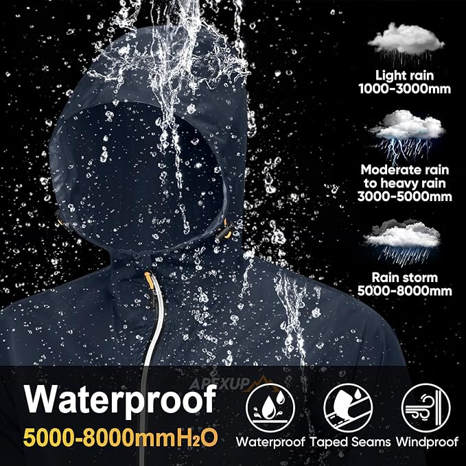 APEXUP Packable Rain Jacket Men with Reflective Zipper, Lightweight Waterproof Raincoat, Mens Rain Jacket for Outdoor Sports