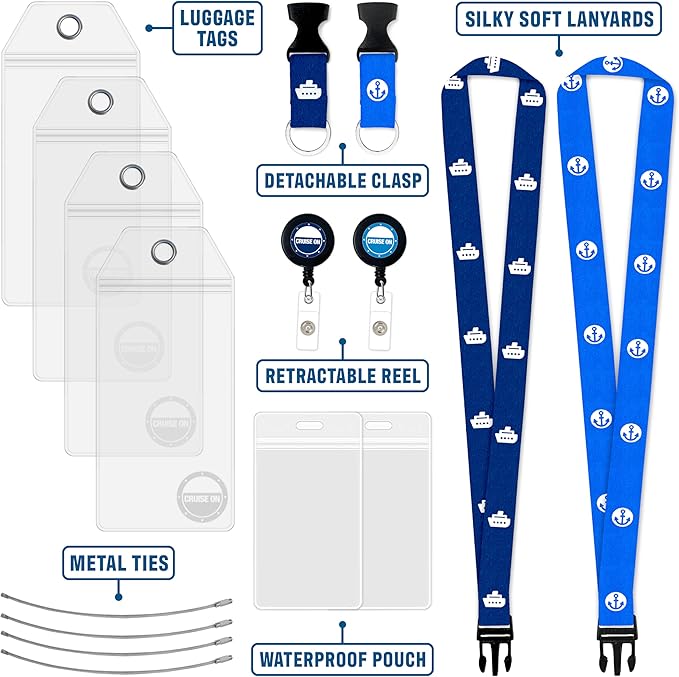 Carnival Cruise Luggage Tag Holders (4 Pack) & Lanyards (2 Pack), Large, Clear & Waterproof, Cruise Essentials 2026-2027 for Ship Cards & Baggage – Durable Travel Accessories (Blue & Royal)