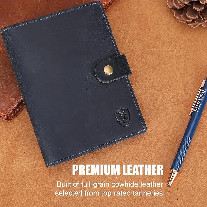 STAR VISTA Cosimo Leather Passport Holder for Exquisite Voyagers or Pilots, Transparent Windows for Travel Document & Dual IDs, RFID Blocking, 2 Passports, 2 IDs, 8 Cards, AirTag Slots, Navy Blue