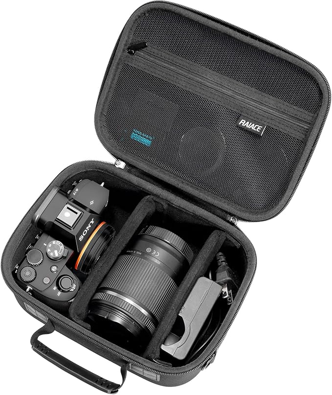RAIACE Hard Case Compatible with Sony Alpha 7 II III IV/7R V Camera, for Nikon, for Canon, for Pentax and More. Mesh Pocket for Charger, Cables, Cards and Accessories. (case only) - Black