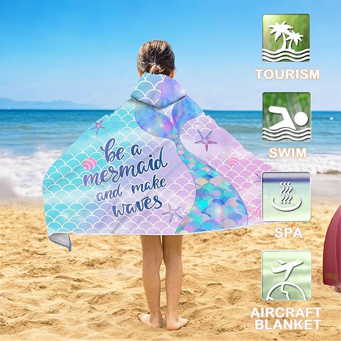 Bonsai Tree Mermaid Hooded Beach Towel,Kids Little Mermaid Tail Poncho Towel for Girls,Quick Dry 30”x50” Pink Bath Towel for Pool Swiming