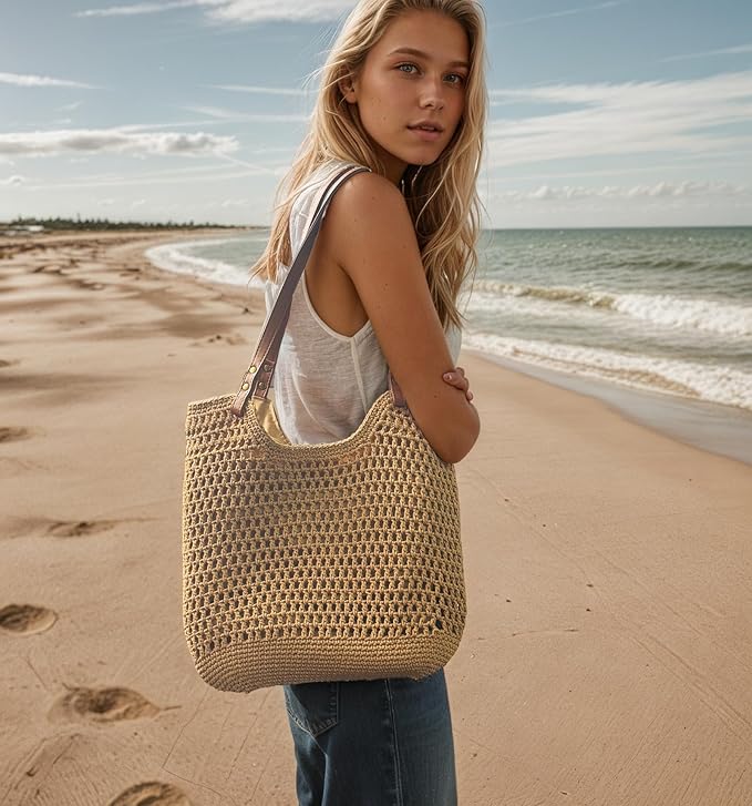 Crochet Beach Bag for Women - Summer Mesh Beach Tote Bag Boho Woven Purse Shoulder Handbags for Vacation Travel