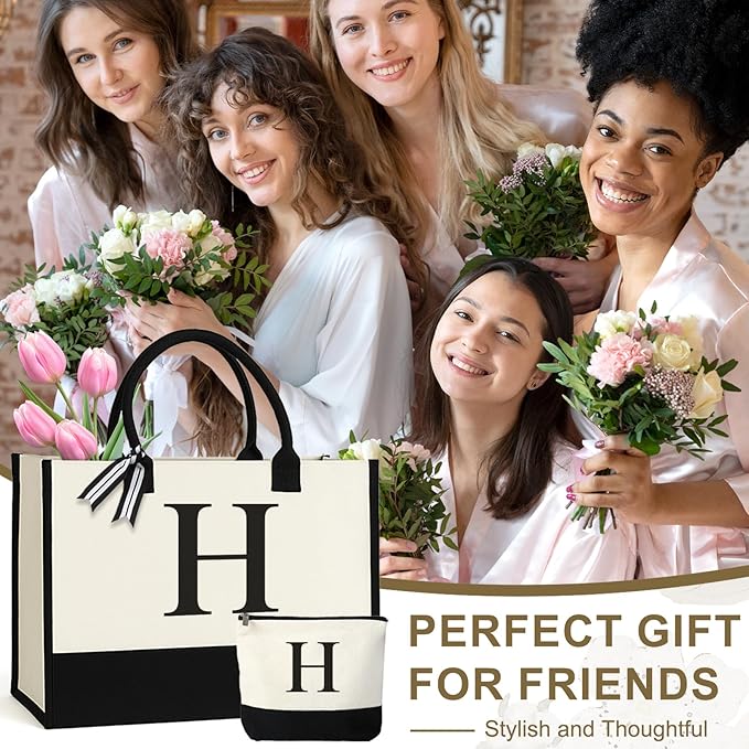 Personalized Canvas Tote Bag for Women Makeup Pouch Initial Beach Bag Removable Bottom Board for Travel Birthday