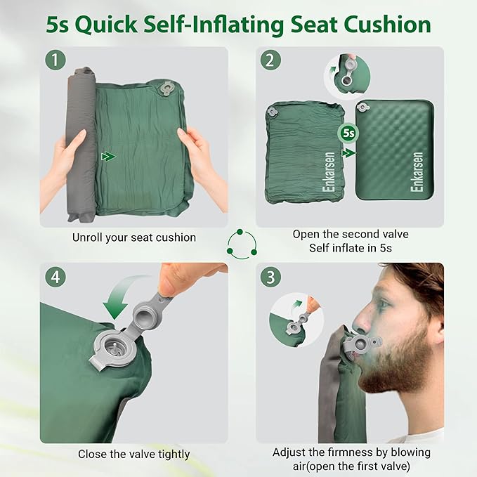 Inflatable Travel Seat Cushion – Self-Inflating Memory Foam Pad for Airplane, Stadium Bleachers, Camping, Hiking & Backpacking – Ultralight Compact & Portable Sitting Cushion (Green)