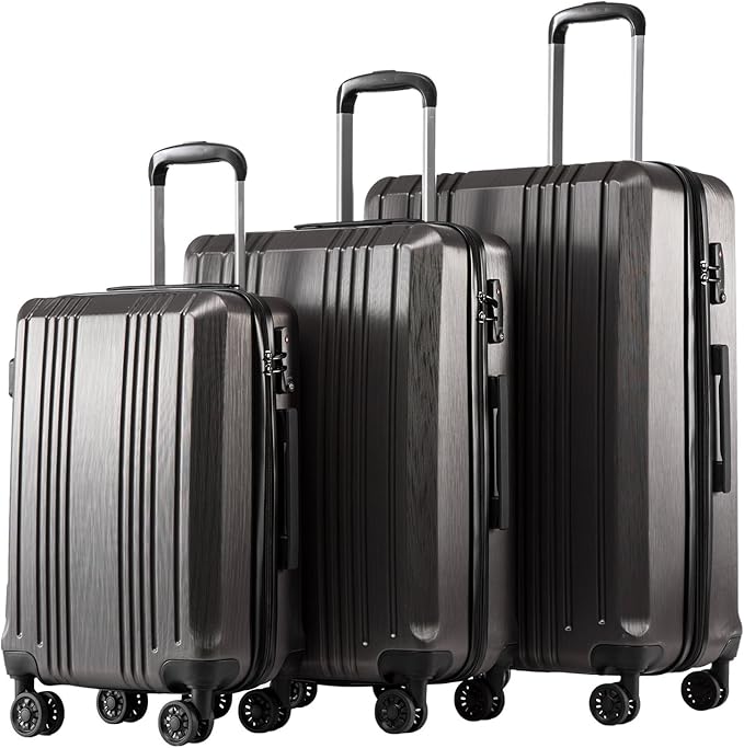 Coolife Luggage 3 Piece Set PC+ABS Hardshell Suitcases with TSA Lock, Spinner Lightweight (grey, 3 piece set)