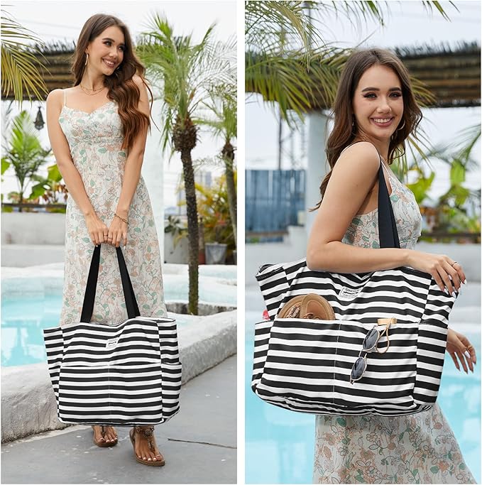 HOMESPON Large Waterproof Beach Bag for Women Sandproof Tote Bag Pool Bag with Zipper and Pockets for Travel Vacation Gym