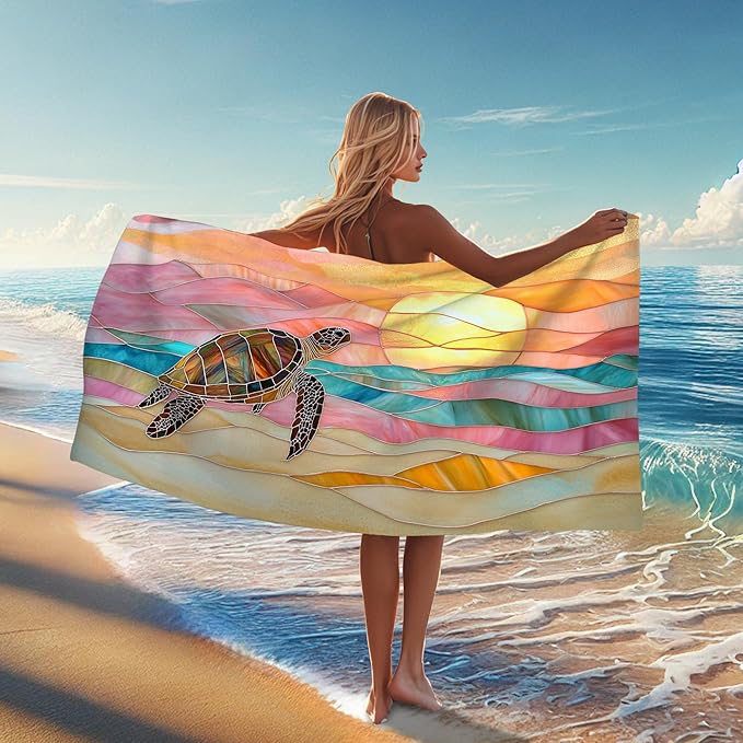 Colorful Turtle Beach Towel Pastel Waves Summer Travel Towel, Quick Dry Absorbent Lightweight Sand Free Pool Blanket, Outdoor Vacation Essentials 62x31 Inch