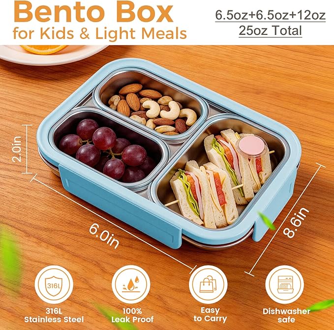 Premium 25oz SUS316L Stainless Steel Lunch Box Bento Box - Reusable Metal Snack Containers with Lids for Kids & Adults - Daycare/School/Work/Travel - Superior Corrosion-resistant (Blue)