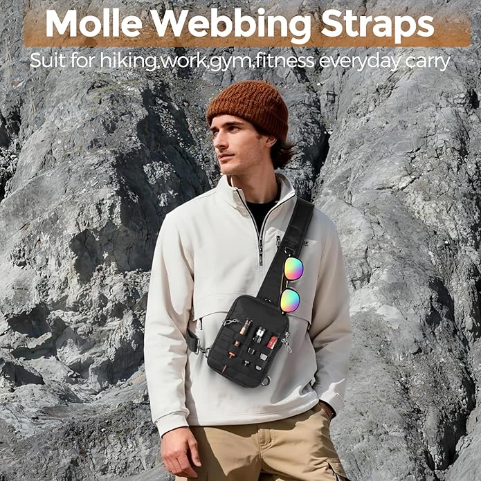 VADOO Small Sling Bag for Men, Tactical Crossbody Bag with Zipper Lock, RFID and Molle System for Travel Work Outdoor