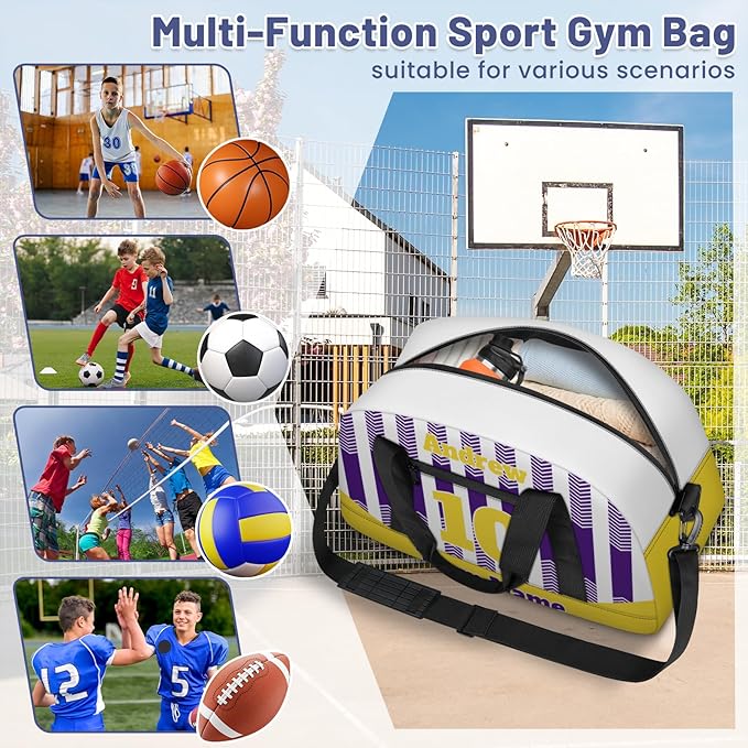 Basketball Soccer Gifts for Boys Girls - Custom Sports Duffle Bag, Personalized Name & Team Bag, Water-Resistant Gym Bag for Basketball, Soccer, Volleyball | Y-Purple Yellow