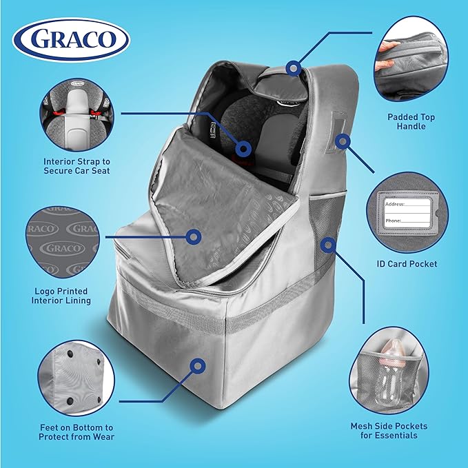 Graco Padded Car Seat Travel Bag & Infant Carrier Backpack, Durable Large Back Pack for Carseats & Booster Seats, Airport Gate Check Bag Luggage, Double Padded Strap, Water Resistant Material, Gray