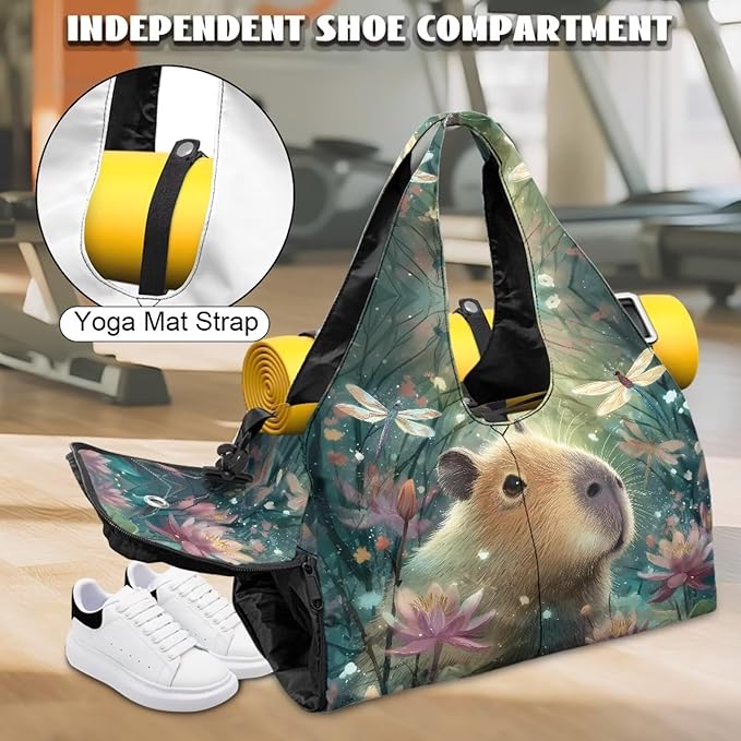 Capybara Dragonfly Sport Travel Duffle Bag with Shoe Compartment Women's Large Tote Bag for Beach Swim Airplane Weekender Carry on Bags Ladies Overnight Organizer