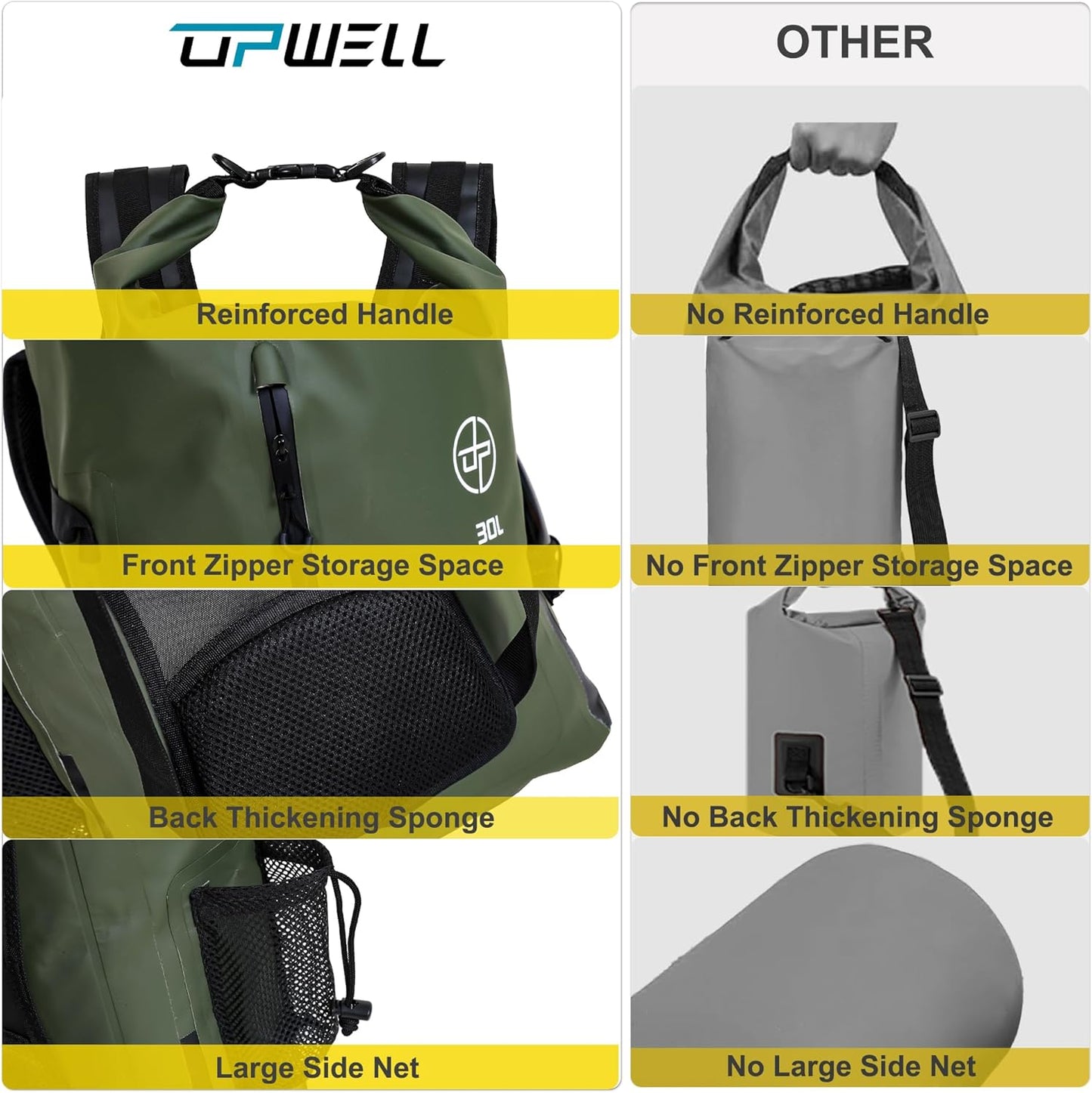 UPWELL Waterproof Dry Bag 30L Boating Backpack for Travel Hiking Camping Bags for Kayaking Hiking Waterproof Bags Swimming Floating Submersible Dry Bag Green